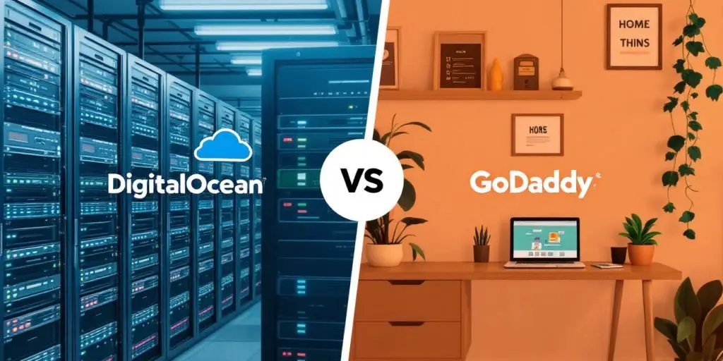 DigitalOcean vs GoDaddy: Server room and home office contrasting hosting options.