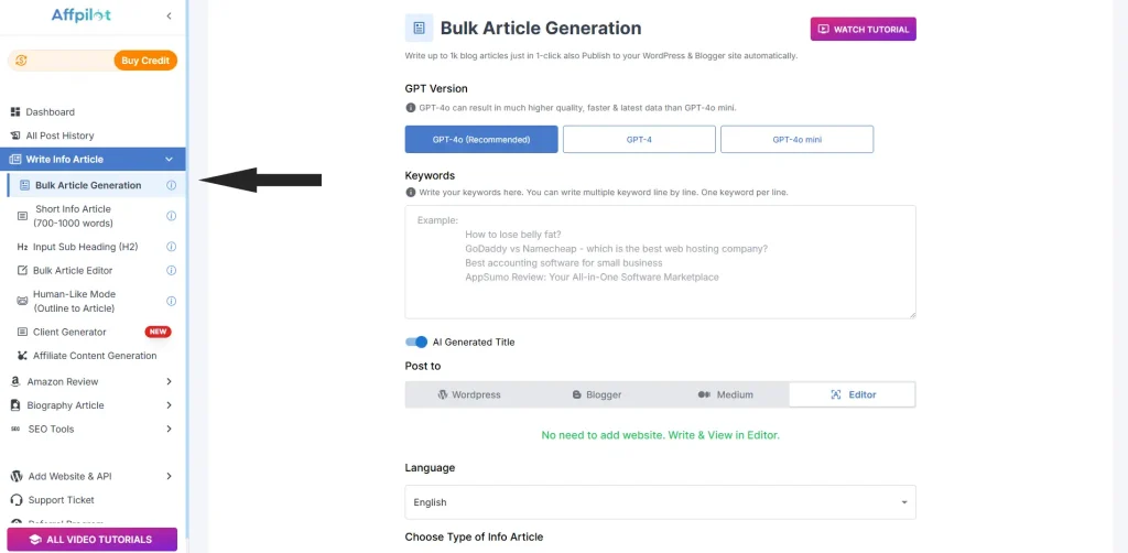 Affpilot Bulk Article Generation