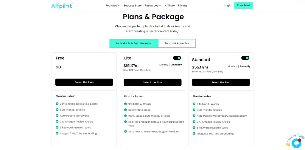 Affpilot Pricing Individuals & Solo Marketers