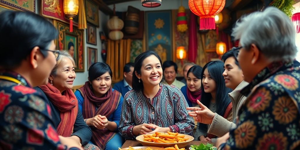 Person conversing with native speakers in a cultural setting.