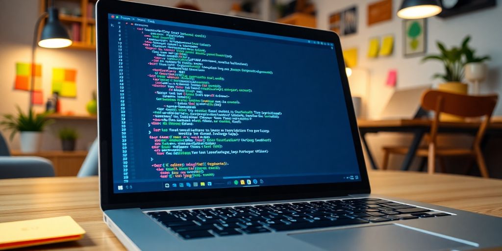 Laptop with Python code in a cozy workspace