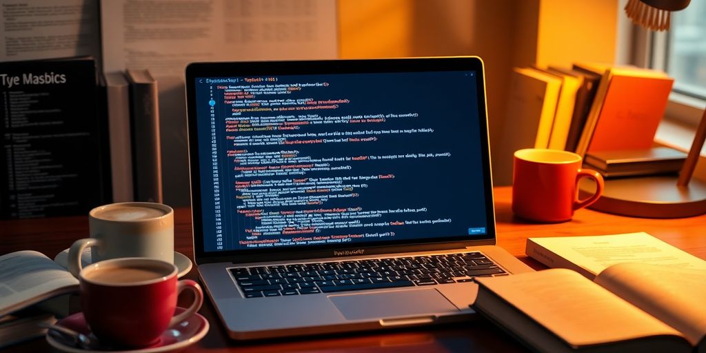 Laptop displaying TypeScript code in a cozy workspace