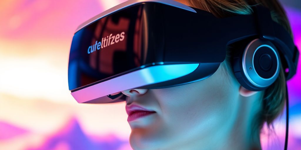 Person in VR headset exploring a colorful virtual environment.