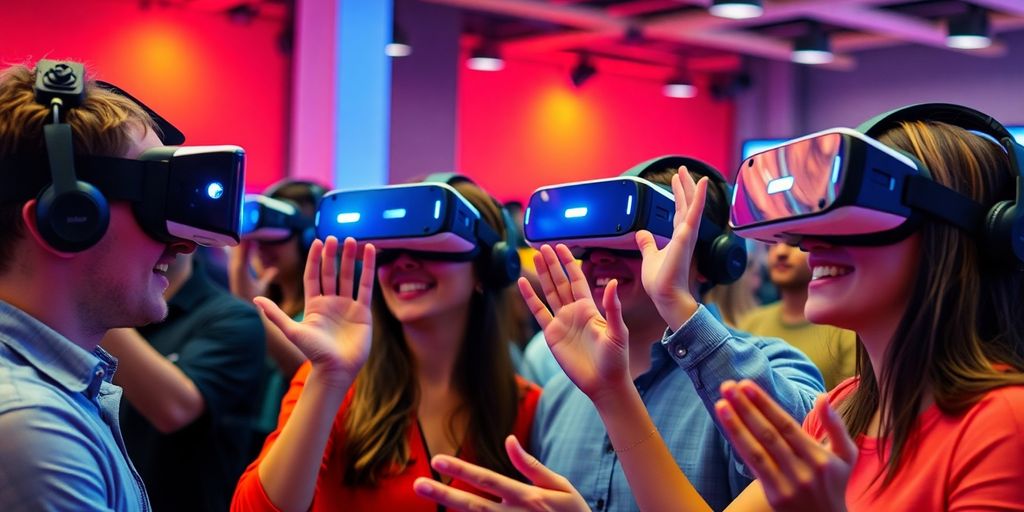 Group of people using virtual reality headsets in excitement.